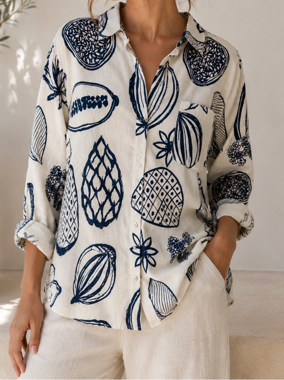 Petal + Pup Floral Button-Up Shirt White/Blue Long Sleeve US small